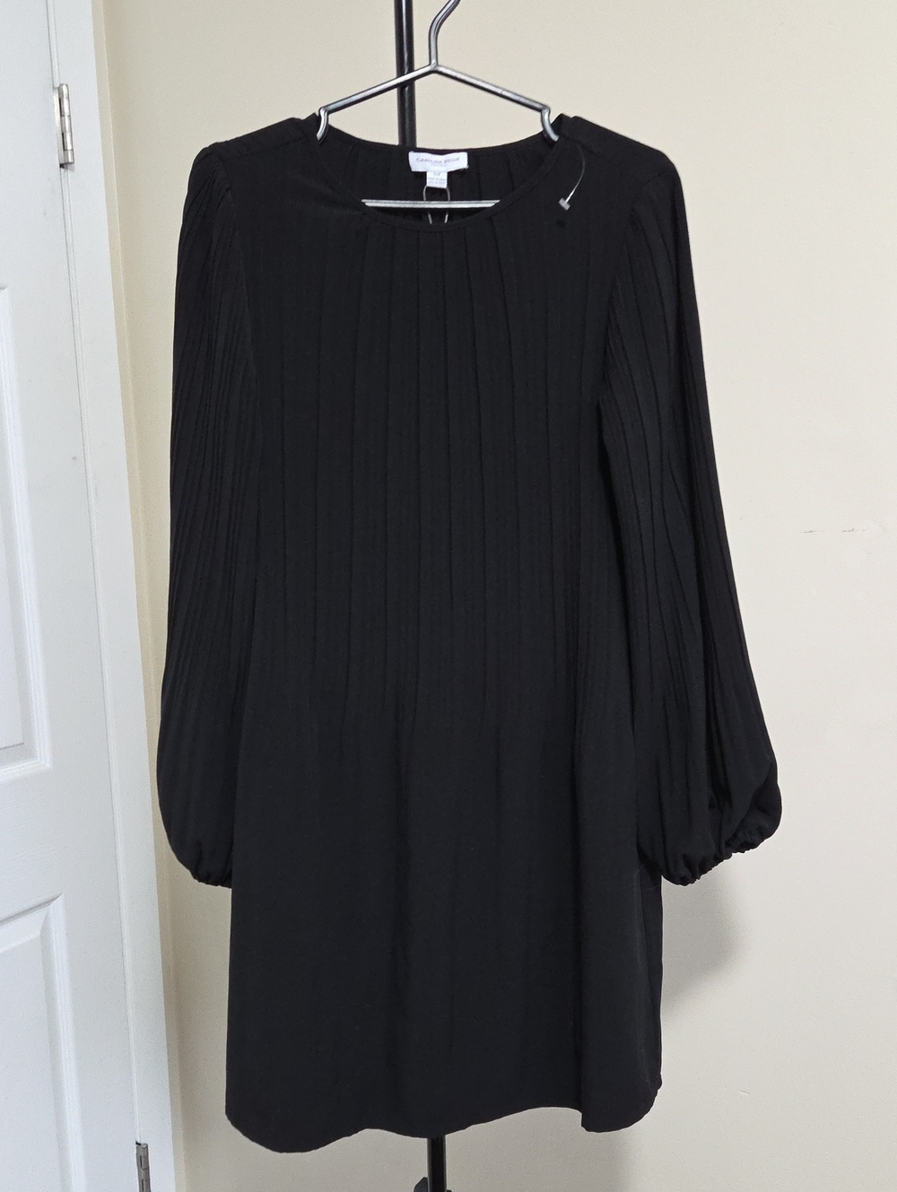 Carolina Belle Black Pleated Long-Sleeve Shift Dress